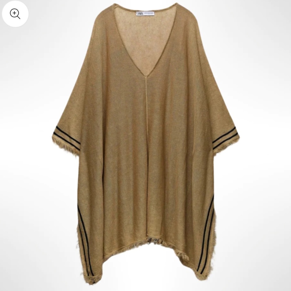 NWT Zara Linen Poncho Tan Khaki Stripe Summer Fringe